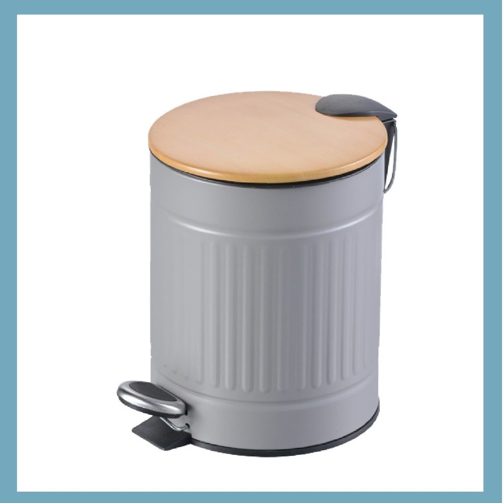 Textured Gray Stainless Steel Trash Can With Wooden Lid (5 Liters/ 1.3 Gallon)